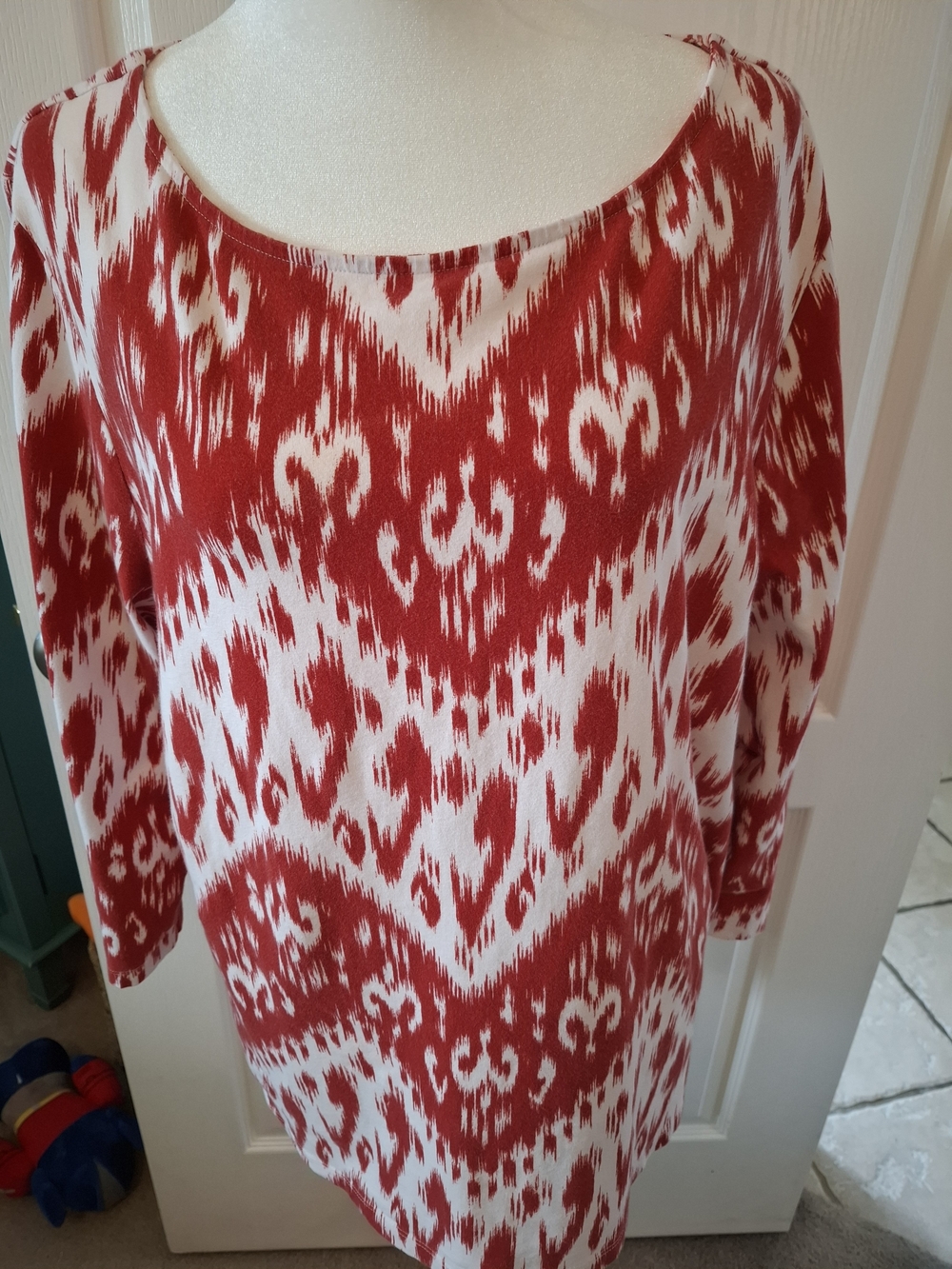 Chico's Red and White Ikat-Print Tunic Top